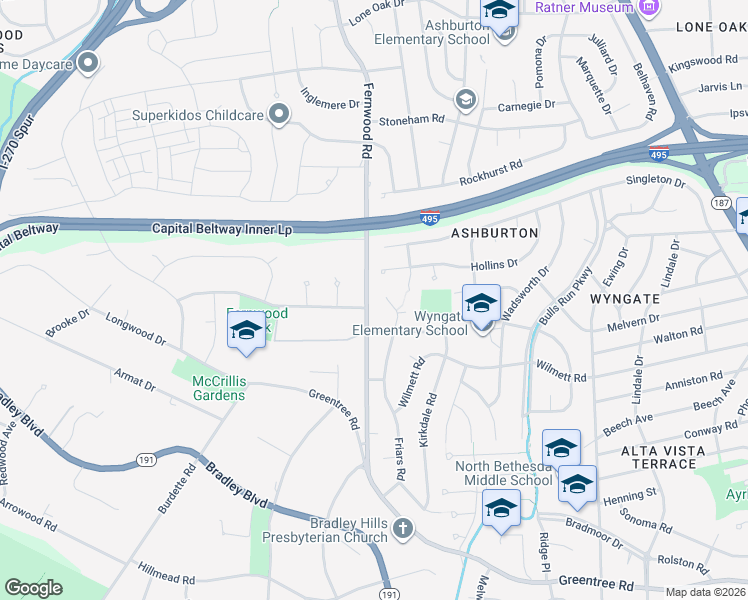 map of restaurants, bars, coffee shops, grocery stores, and more near 9407 Fernwood Road in Bethesda