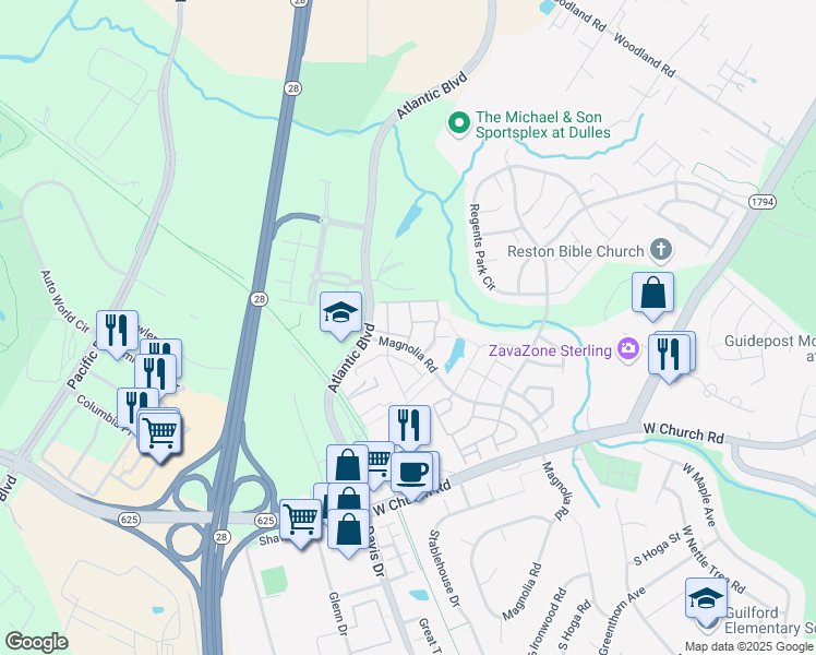 map of restaurants, bars, coffee shops, grocery stores, and more near 21870 Railway Terrace in Sterling