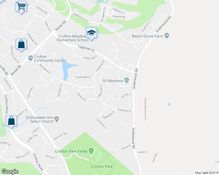 map of restaurants, bars, coffee shops, grocery stores, and more near 2085 Pear Hill Court in Crofton