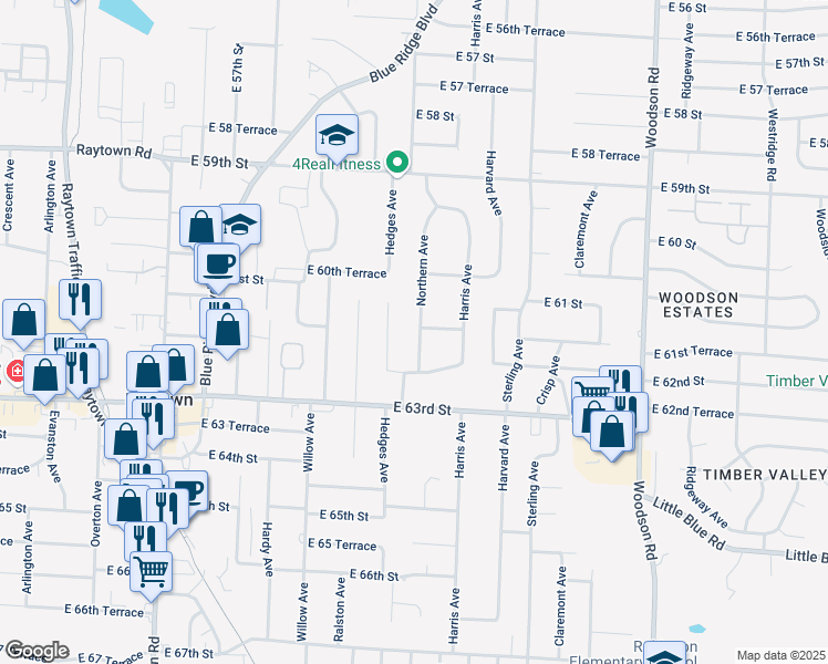 map of restaurants, bars, coffee shops, grocery stores, and more near 6202 Northern Avenue in Raytown