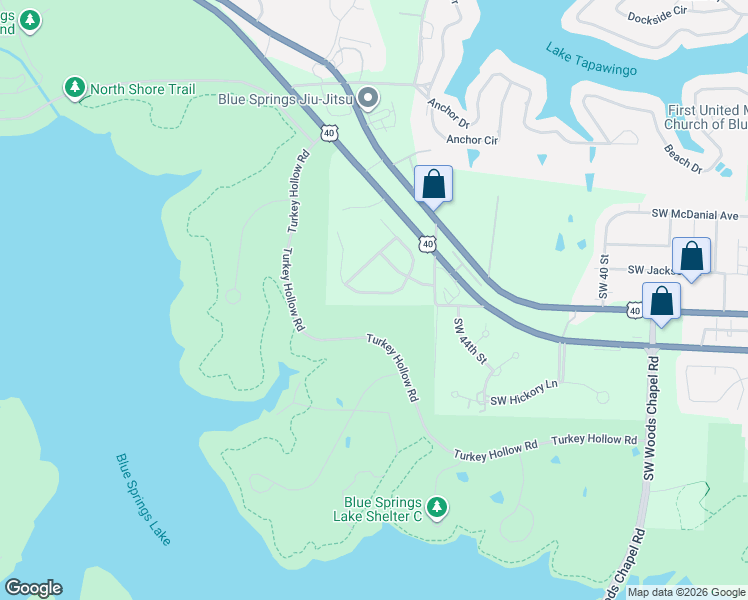 map of restaurants, bars, coffee shops, grocery stores, and more near 4816 Southwest Marguerite Street in Blue Springs