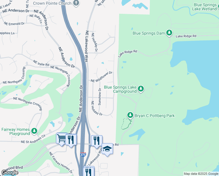 map of restaurants, bars, coffee shops, grocery stores, and more near 5417 Northeast Rainbow Court in Lee's Summit
