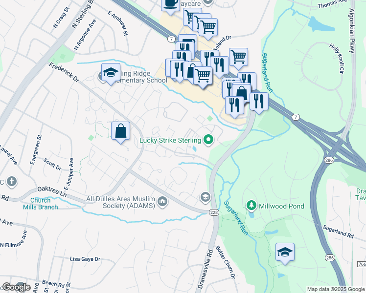 map of restaurants, bars, coffee shops, grocery stores, and more near 46880 Clarion Terrace in Sterling