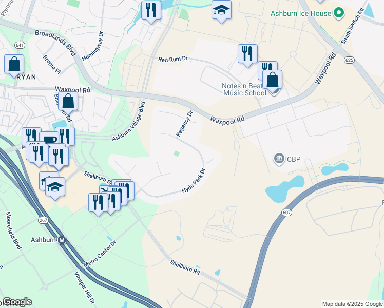 map of restaurants, bars, coffee shops, grocery stores, and more near 21899 Hyde Park Drive in Ashburn