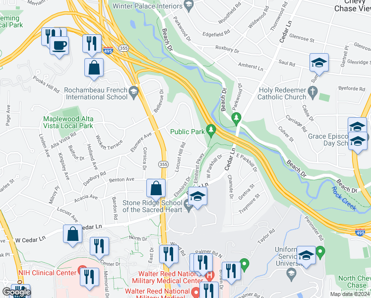 map of restaurants, bars, coffee shops, grocery stores, and more near 4709 Locust Hill Court in Bethesda