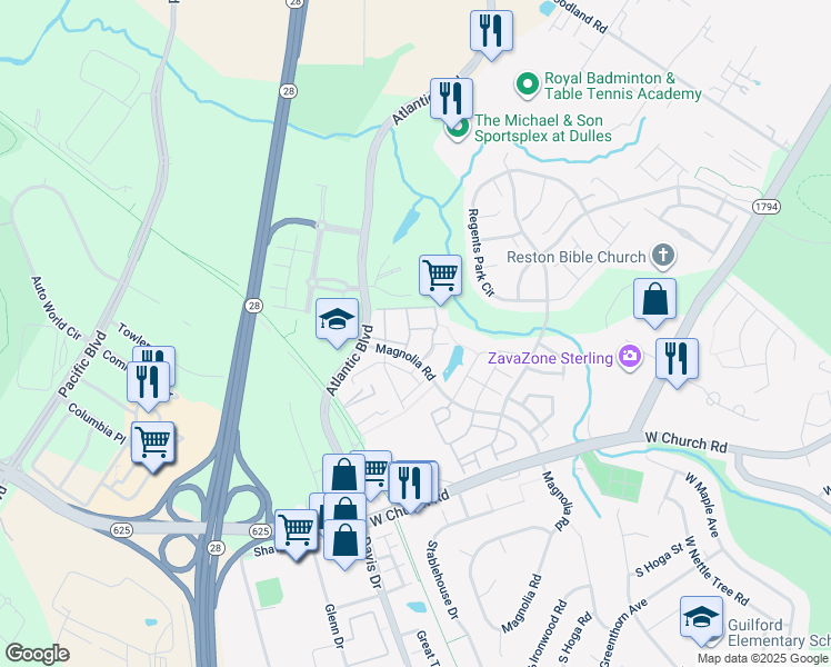 map of restaurants, bars, coffee shops, grocery stores, and more near 21875 Railway Terrace in Sterling