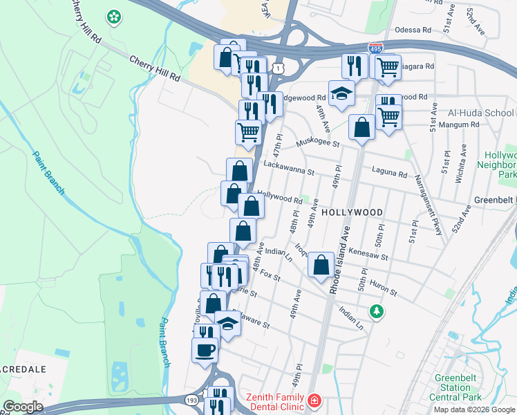 map of restaurants, bars, coffee shops, grocery stores, and more near 9533 Baltimore Avenue in College Park