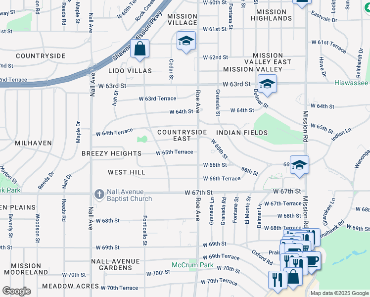 map of restaurants, bars, coffee shops, grocery stores, and more near 4718 West 65th Terrace in Prairie Village