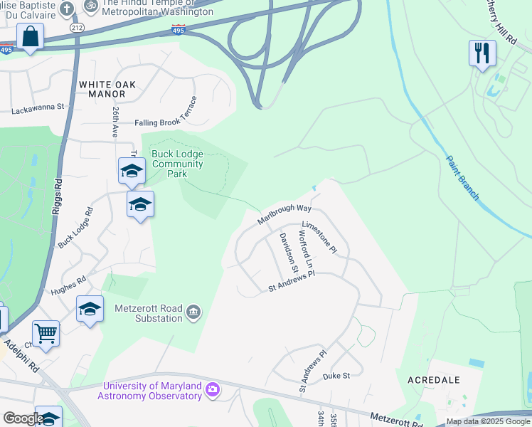 map of restaurants, bars, coffee shops, grocery stores, and more near 9313 Davidson Street in College Park
