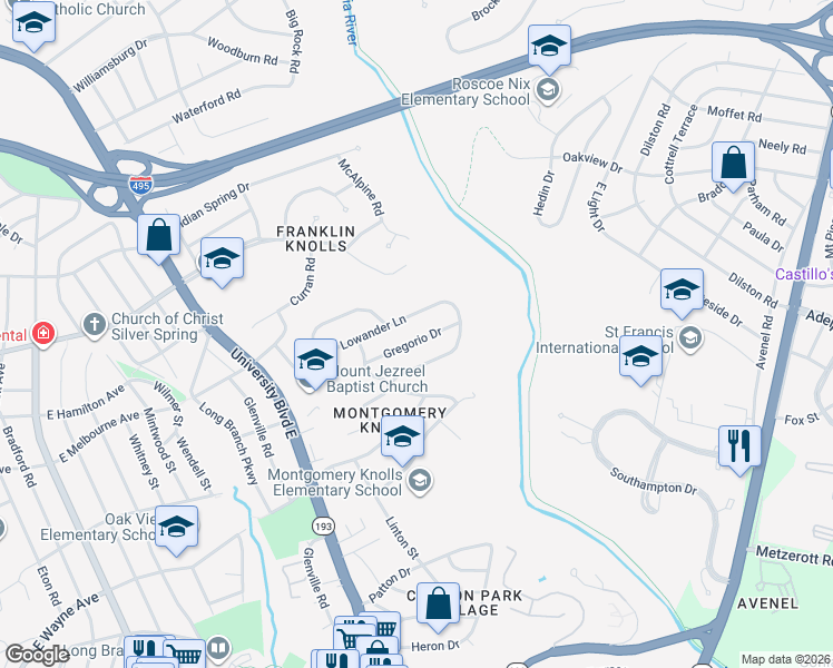map of restaurants, bars, coffee shops, grocery stores, and more near 818 Gregorio Drive in Silver Spring