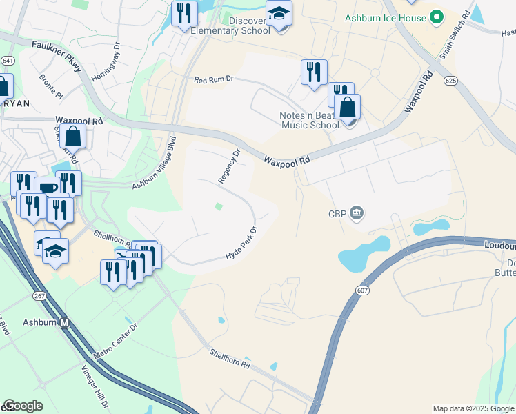 map of restaurants, bars, coffee shops, grocery stores, and more near 21910 Hyde Park Drive in Ashburn