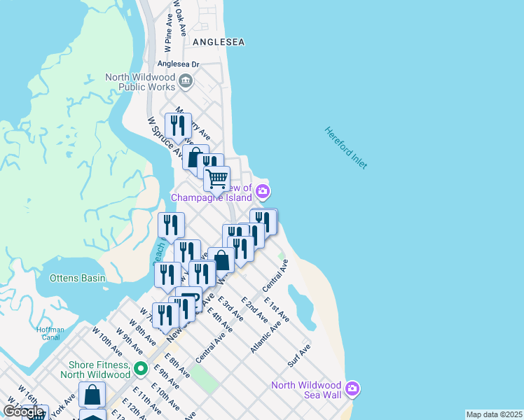 map of restaurants, bars, coffee shops, grocery stores, and more near 101 Pine Avenue in Wildwood