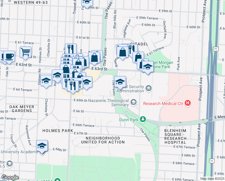map of restaurants, bars, coffee shops, grocery stores, and more near 6404 Paseo Boulevard in Kansas City