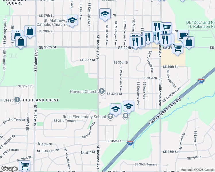 map of restaurants, bars, coffee shops, grocery stores, and more near 3124 Southeast Illinois Avenue in Topeka