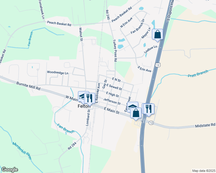 map of restaurants, bars, coffee shops, grocery stores, and more near 20 East Sewell Street in Felton