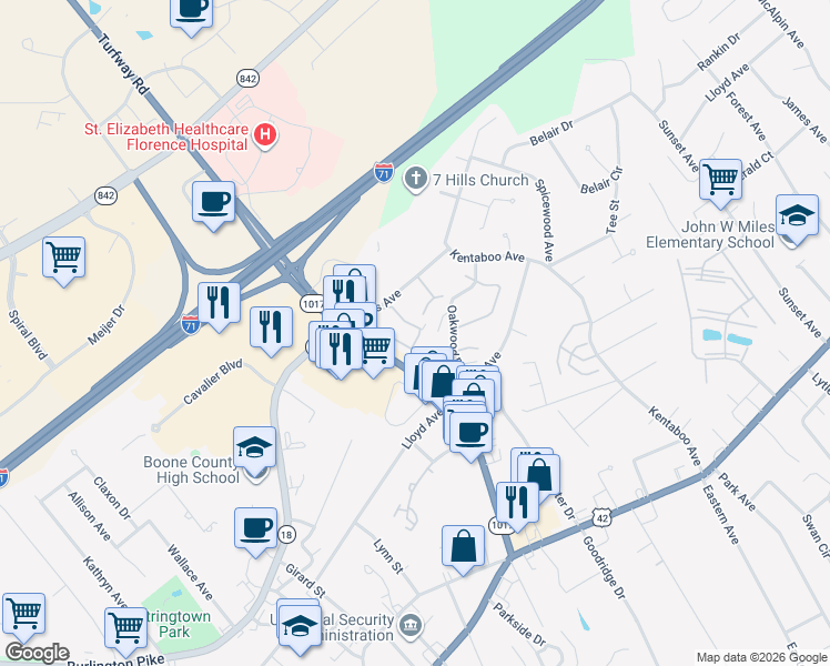 map of restaurants, bars, coffee shops, grocery stores, and more near 6770 Curtis Way in Florence