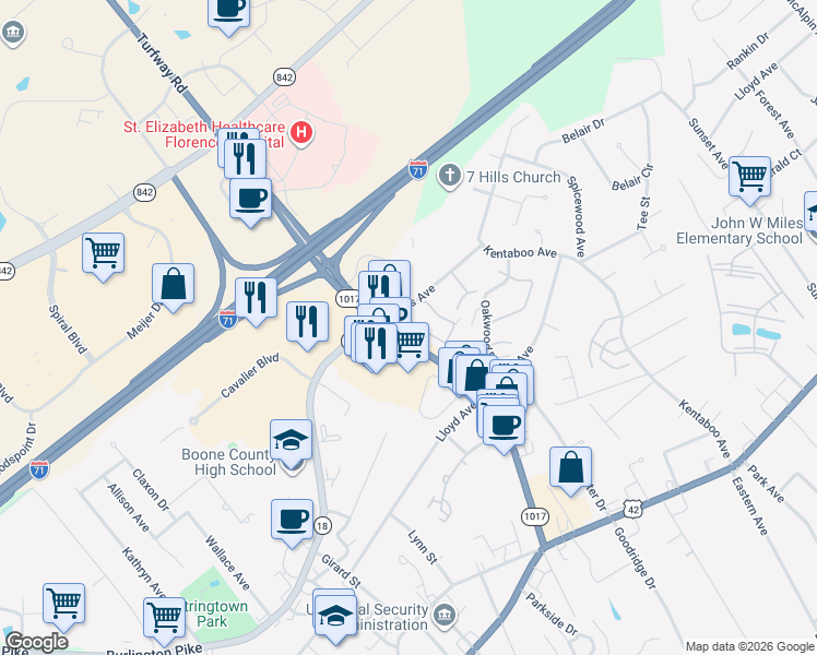 map of restaurants, bars, coffee shops, grocery stores, and more near 6713 Curtis Way in Florence