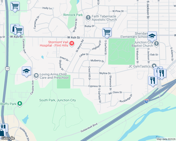 map of restaurants, bars, coffee shops, grocery stores, and more near 926 Skyline Drive in Junction City