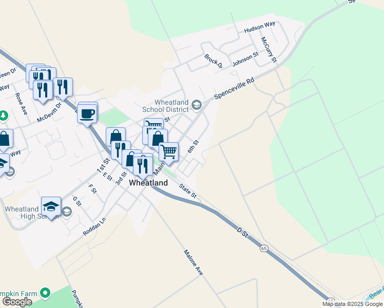 map of restaurants, bars, coffee shops, grocery stores, and more near 602 C Street in Wheatland