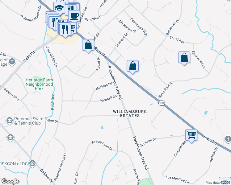 map of restaurants, bars, coffee shops, grocery stores, and more near 9400 Persimmon Tree Road in Potomac