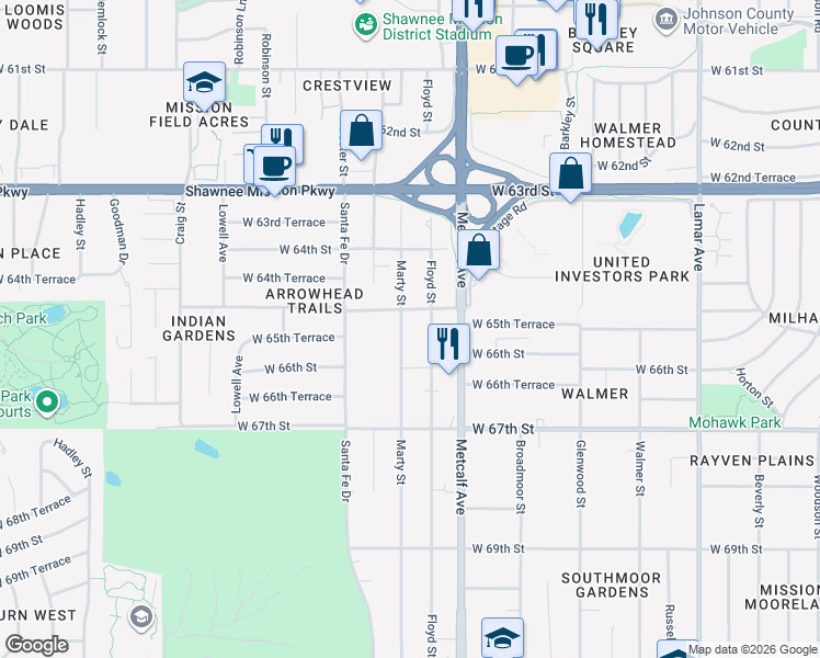 map of restaurants, bars, coffee shops, grocery stores, and more near 6521 Marty Street in Mission