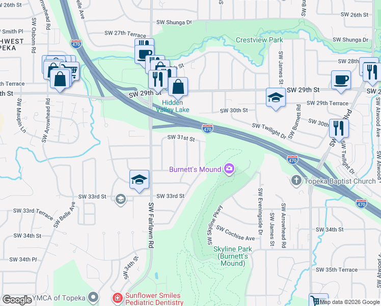 map of restaurants, bars, coffee shops, grocery stores, and more near 3120 Southwest Crest Drive in Topeka