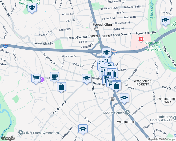 map of restaurants, bars, coffee shops, grocery stores, and more near 9502 Riley Road in Silver Spring
