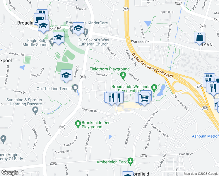 map of restaurants, bars, coffee shops, grocery stores, and more near 21967 Windover Drive in Broadlands