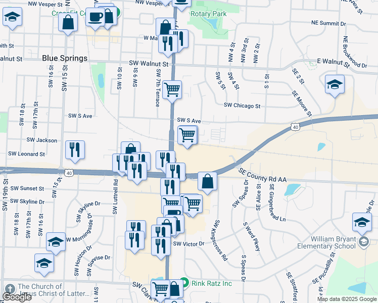 map of restaurants, bars, coffee shops, grocery stores, and more near 625 Southwest US Highway 40 in Blue Springs