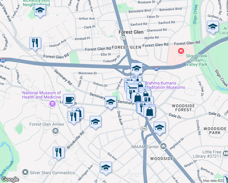 map of restaurants, bars, coffee shops, grocery stores, and more near 9500 Riley Road in Silver Spring