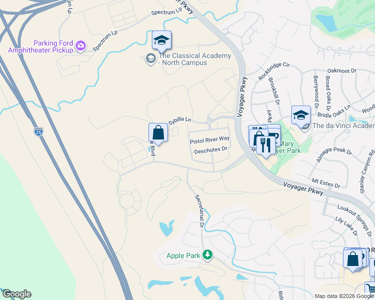 map of restaurants, bars, coffee shops, grocery stores, and more near 12310 Bandon Drive in Colorado Springs