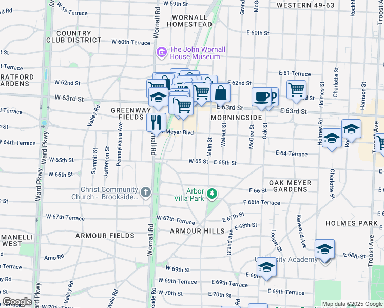 map of restaurants, bars, coffee shops, grocery stores, and more near 6438 Baltimore Avenue in Kansas City