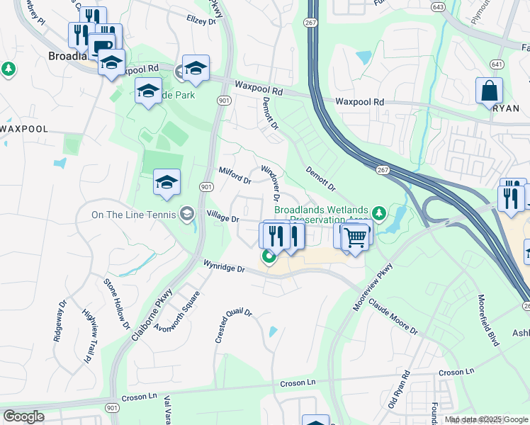 map of restaurants, bars, coffee shops, grocery stores, and more near 21896 Schenley Terrace in Broadlands