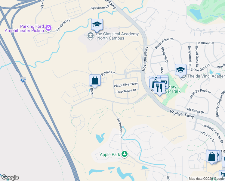 map of restaurants, bars, coffee shops, grocery stores, and more near 12310 Bandon Drive in Colorado Springs