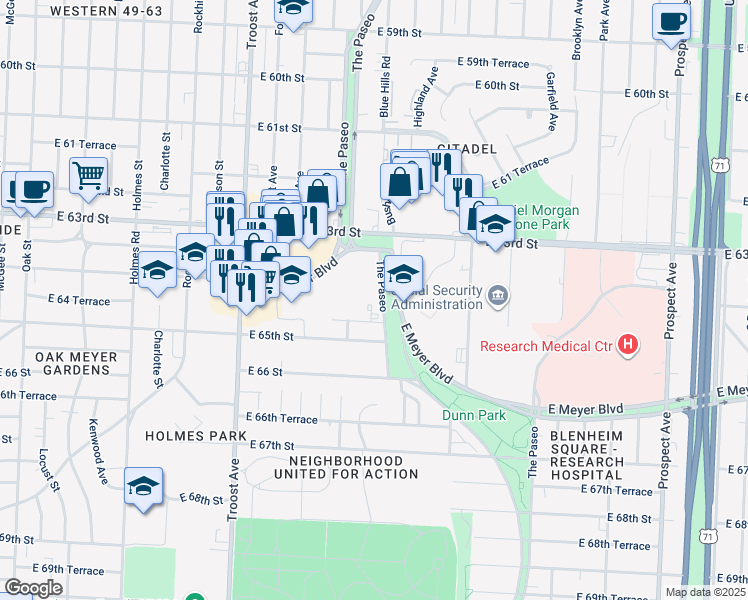 map of restaurants, bars, coffee shops, grocery stores, and more near 6404 The Paseo in Kansas City