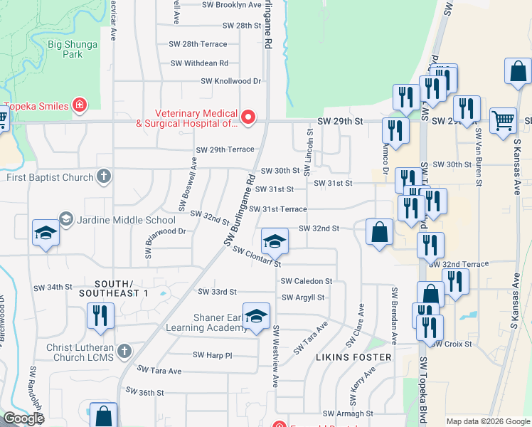 map of restaurants, bars, coffee shops, grocery stores, and more near 1422 Southwest 32nd Street in Topeka
