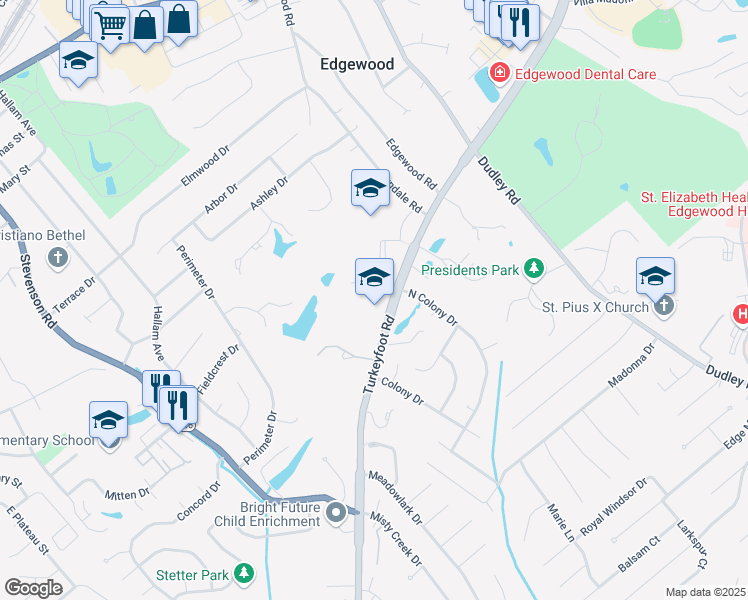 map of restaurants, bars, coffee shops, grocery stores, and more near 3300 Turkey Foot Road in Edgewood