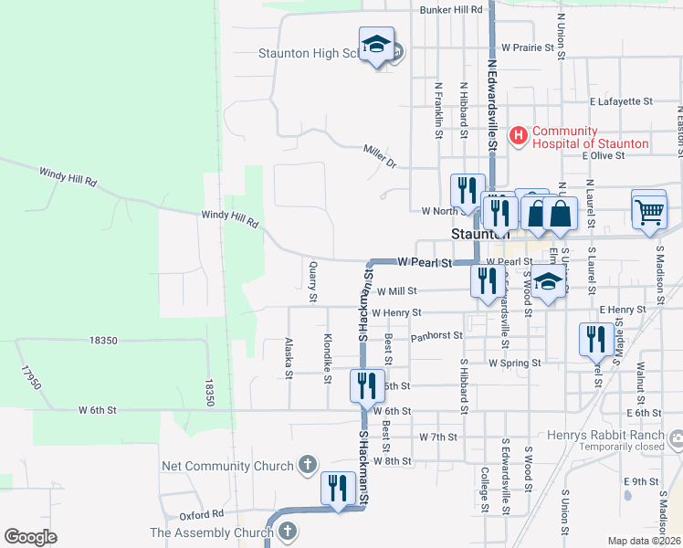 map of restaurants, bars, coffee shops, grocery stores, and more near 1036 West Pearl Street in Staunton