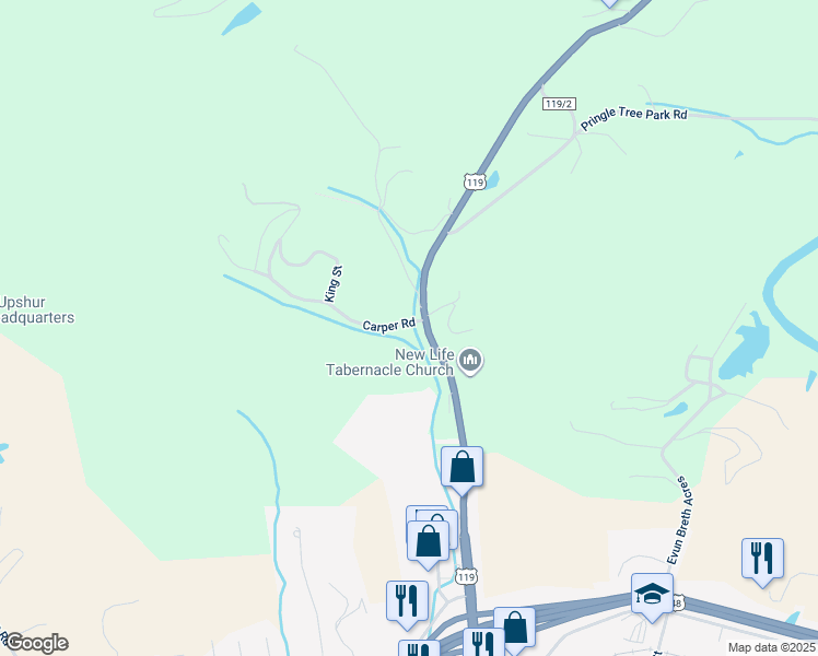 map of restaurants, bars, coffee shops, grocery stores, and more near 39 Carper Road in Buckhannon