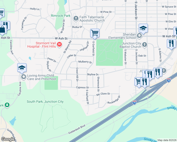 map of restaurants, bars, coffee shops, grocery stores, and more near 1201-1299 South Garfield Street in Junction City
