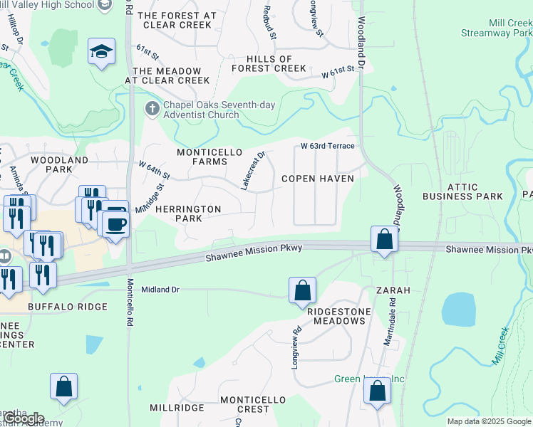 map of restaurants, bars, coffee shops, grocery stores, and more near 6508 Theden Street in Shawnee