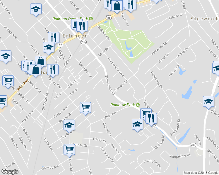 map of restaurants, bars, coffee shops, grocery stores, and more near 416 Stevenson Road in Erlanger