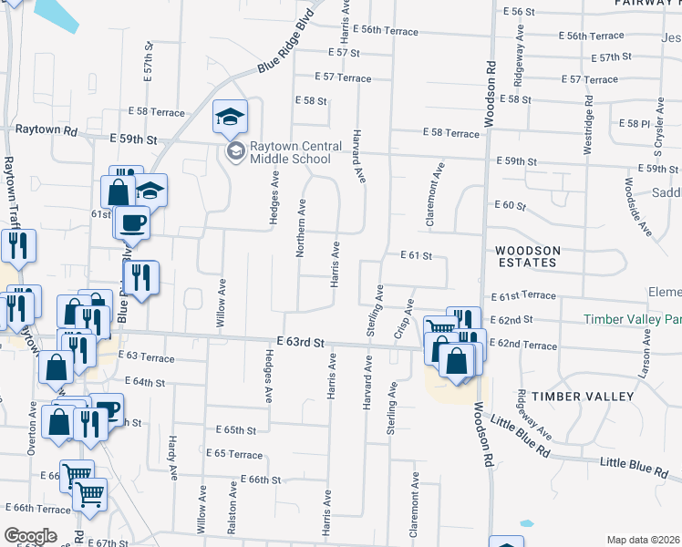 map of restaurants, bars, coffee shops, grocery stores, and more near 6111 Harris Avenue in Raytown