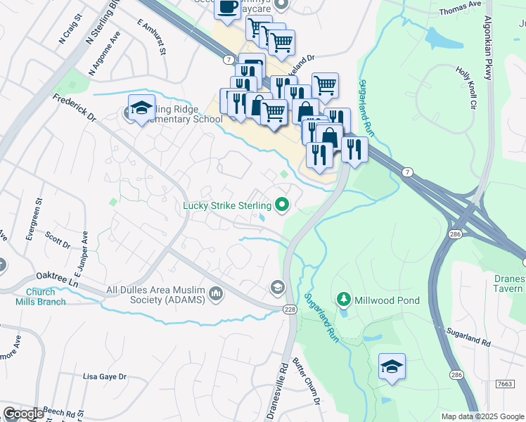 map of restaurants, bars, coffee shops, grocery stores, and more near 46984 Courtyard Square in Sterling