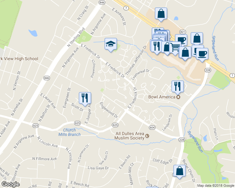 map of restaurants, bars, coffee shops, grocery stores, and more near 46743 Hobblebush Terrace in Sterling