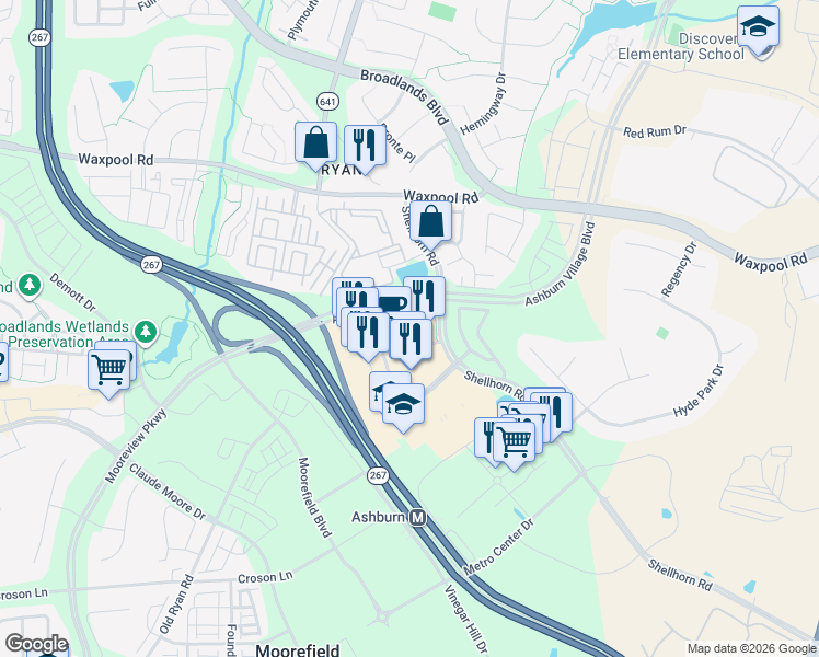 map of restaurants, bars, coffee shops, grocery stores, and more near Ryan Center Way in Ashburn