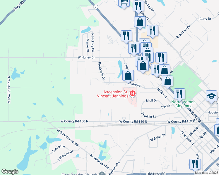 map of restaurants, bars, coffee shops, grocery stores, and more near 701 Henry Street in North Vernon