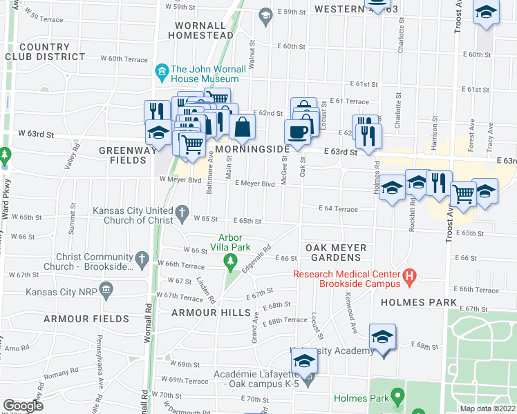 map of restaurants, bars, coffee shops, grocery stores, and more near 6439 Walnut Street in Kansas City