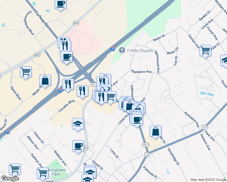 map of restaurants, bars, coffee shops, grocery stores, and more near 6713 Curtis Way in Florence
