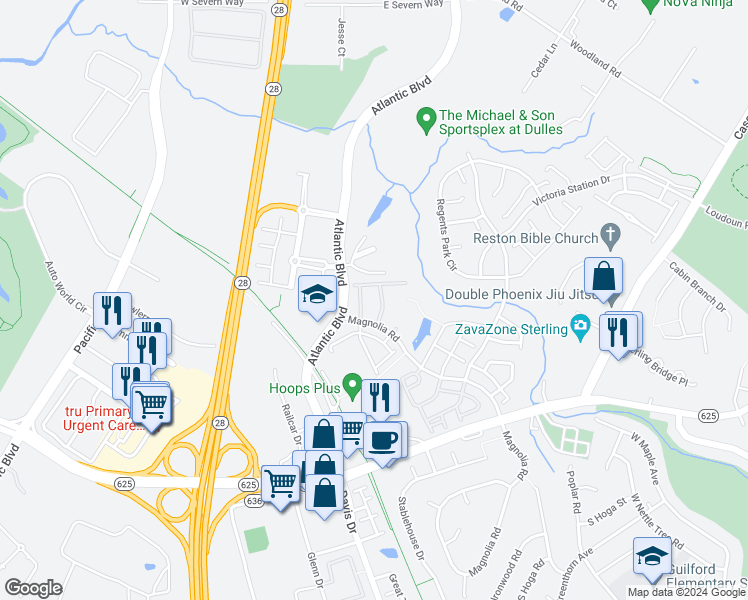 map of restaurants, bars, coffee shops, grocery stores, and more near 21875 Railway Terrace in Sterling